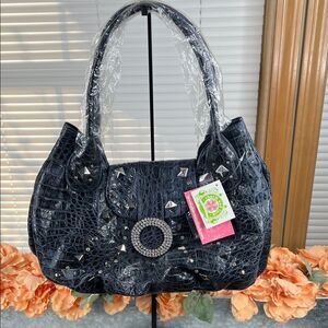 Charm & Luck Blue Croc Embossed Studded Hobo Bag NWT